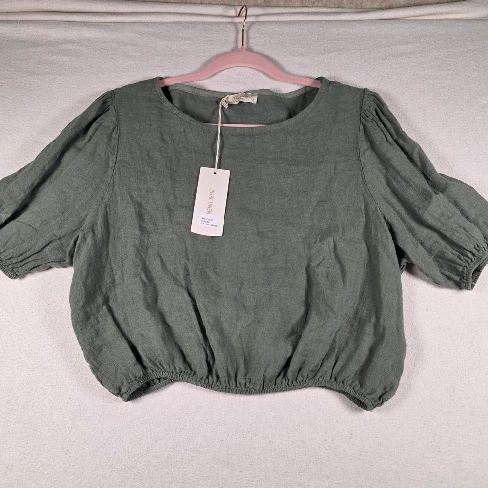 Belenbra Italy Pure Linen Crop Top Oil Green Puff Sleeve Blouse 20607 Womens M
